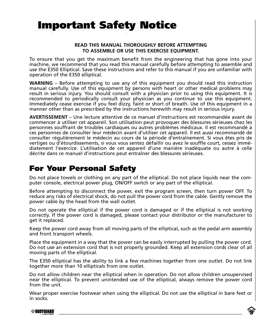 Important safety notice | Bodyguard E350 Elliptical User Manual | Page 3 / 36
