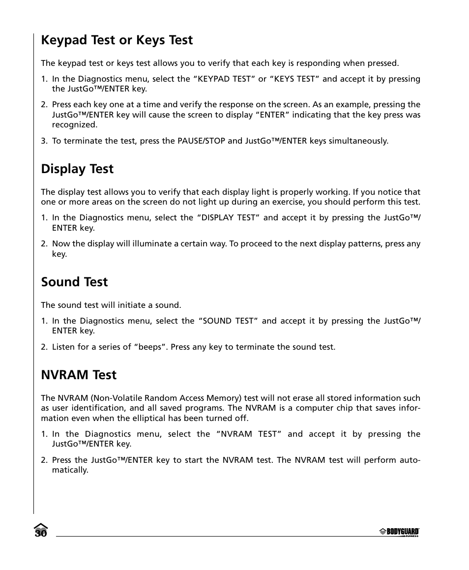 Keypad test or keys test, Display test, Sound test | Nvram test | Bodyguard E350 Elliptical User Manual | Page 30 / 36