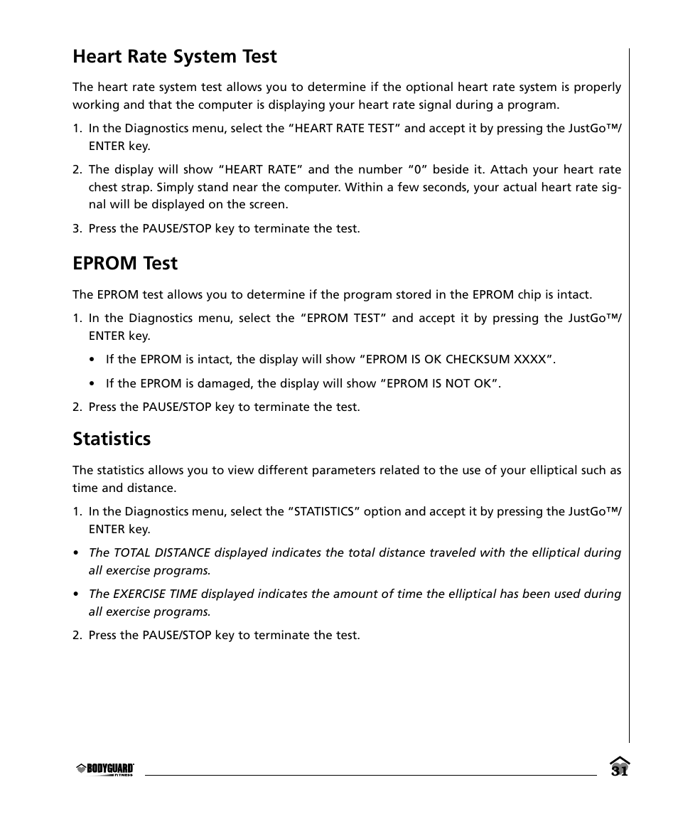 Heart rate system test, Eprom test, Statistics | Bodyguard E350 Elliptical User Manual | Page 31 / 36