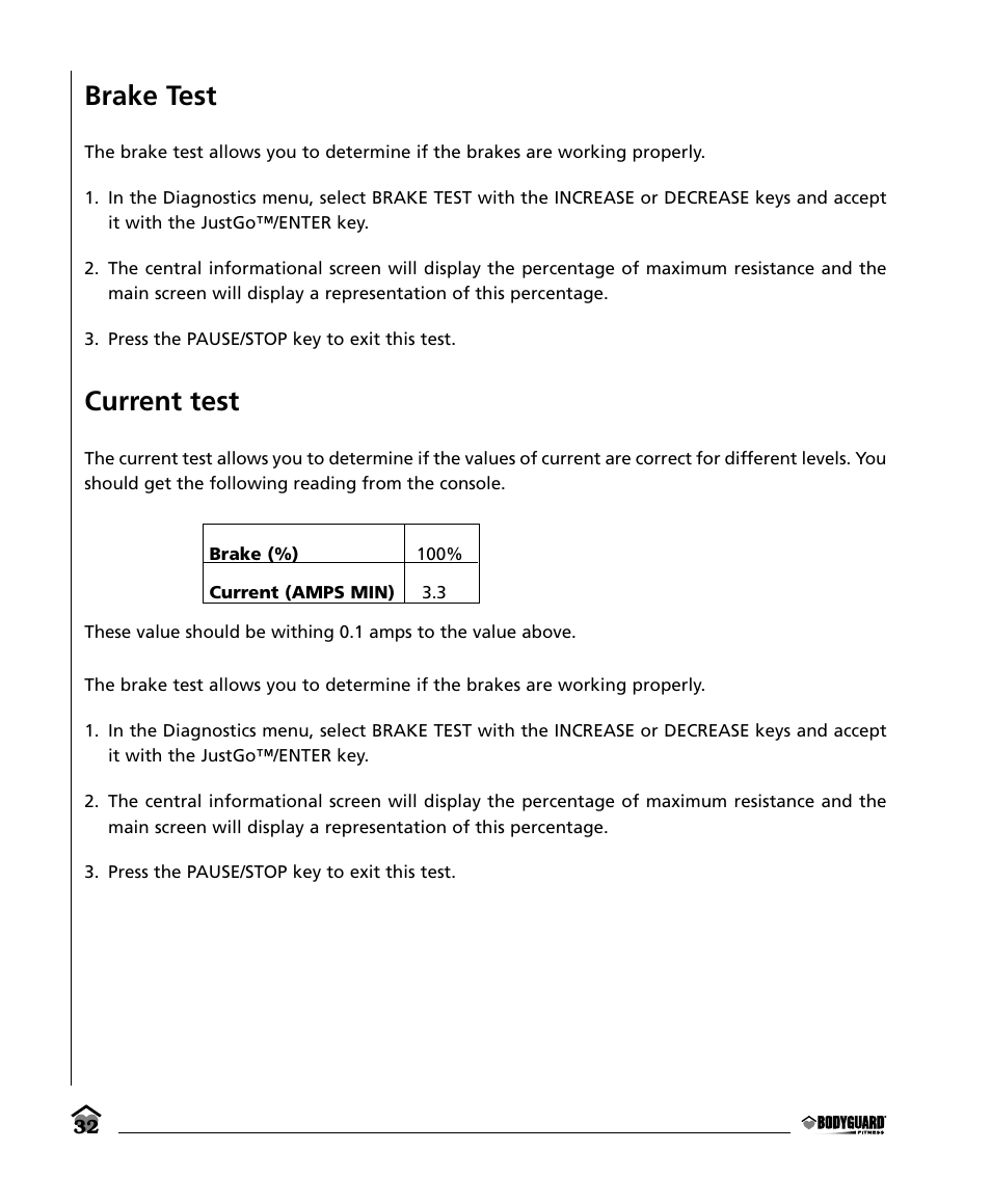 Brake test, Current test | Bodyguard E350 Elliptical User Manual | Page 32 / 36