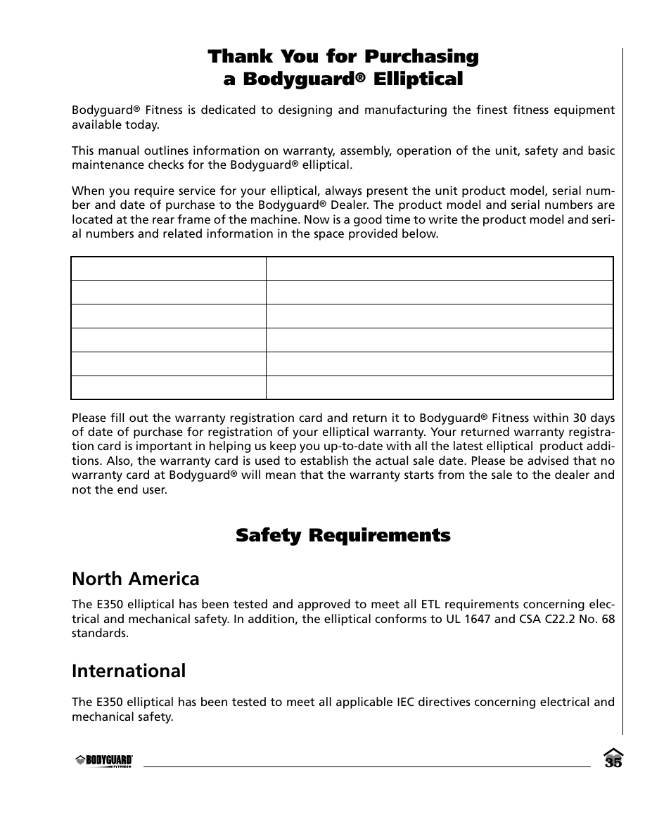 Elliptical, Safety requirements north america, International | Bodyguard E350 Elliptical User Manual | Page 35 / 36