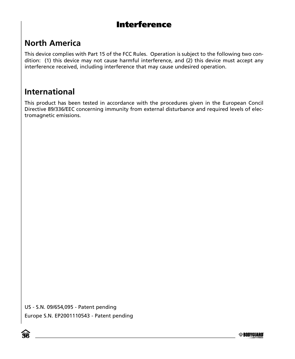 Interference north america, International | Bodyguard E350 Elliptical User Manual | Page 36 / 36