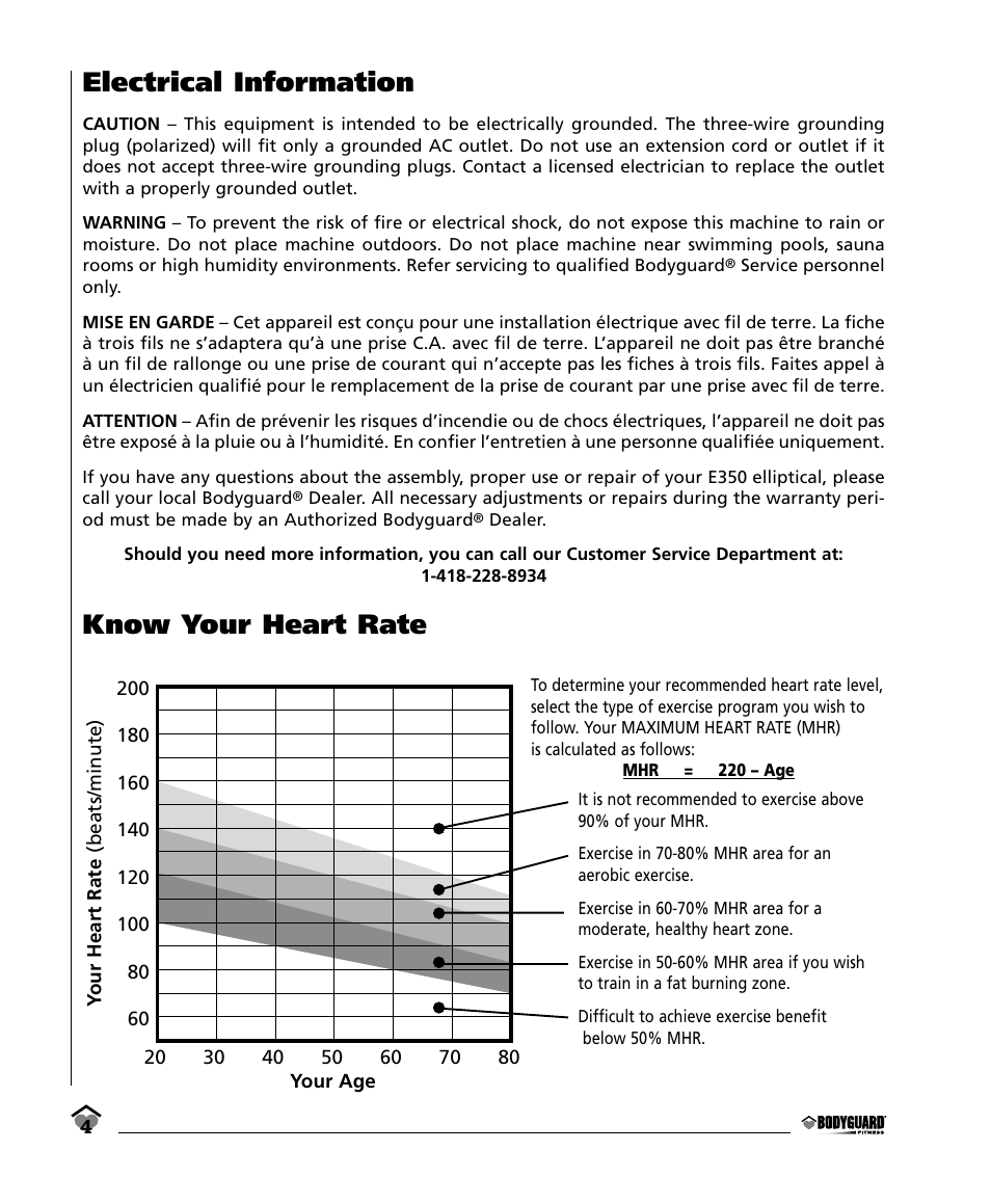 Electrical information, Know your heart rate | Bodyguard E350 Elliptical User Manual | Page 4 / 36