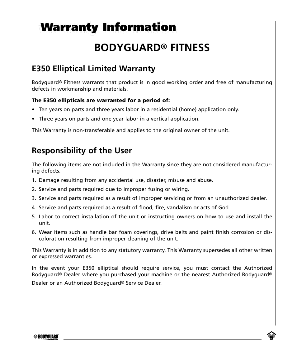Warranty information bodyguard, Fitness | Bodyguard E350 Elliptical User Manual | Page 5 / 36
