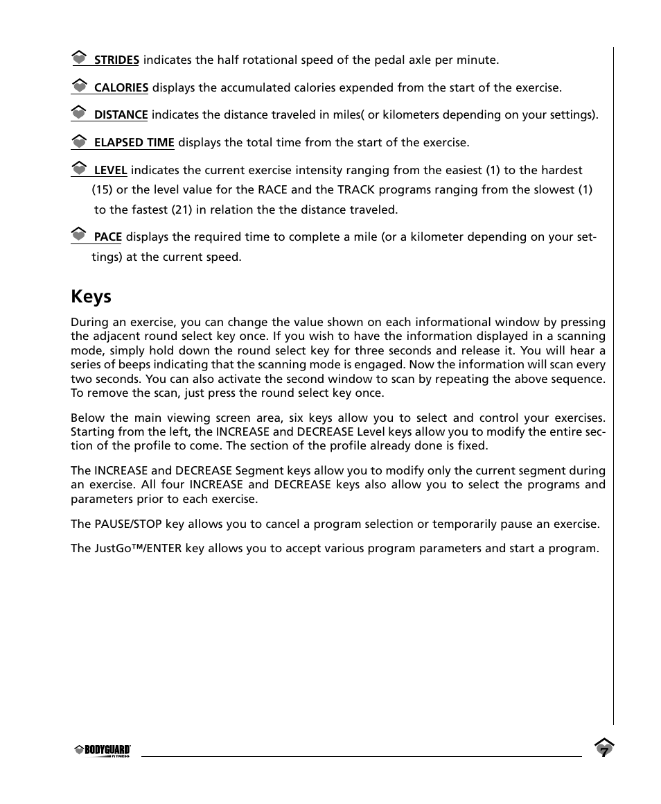 Keys | Bodyguard E350 Elliptical User Manual | Page 7 / 36