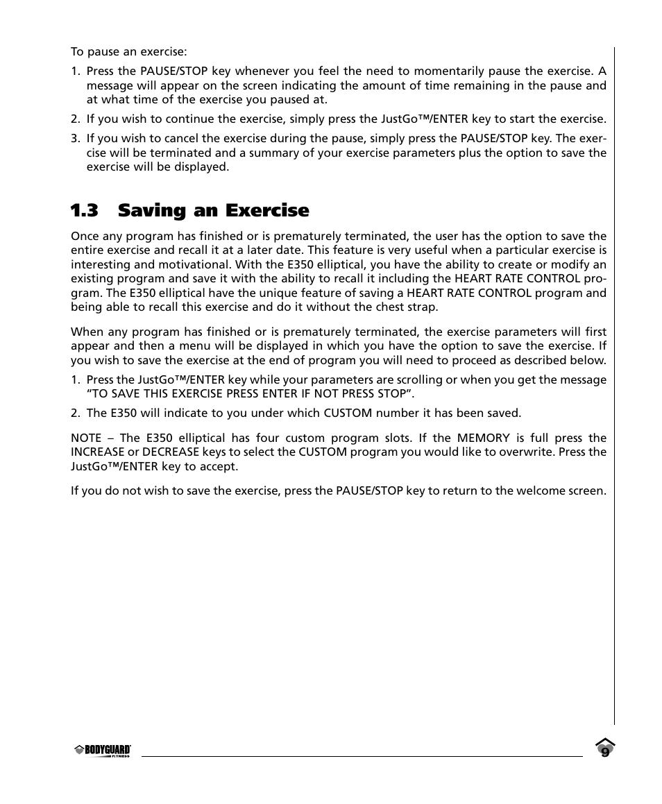 3 saving an exercise | Bodyguard E350 Elliptical User Manual | Page 9 / 36