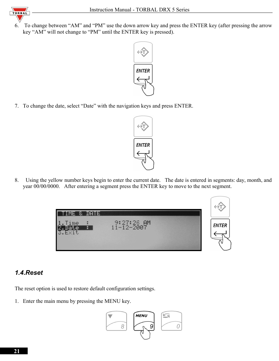 Reset | Torbal DRX300 Manual User Manual | Page 21 / 50