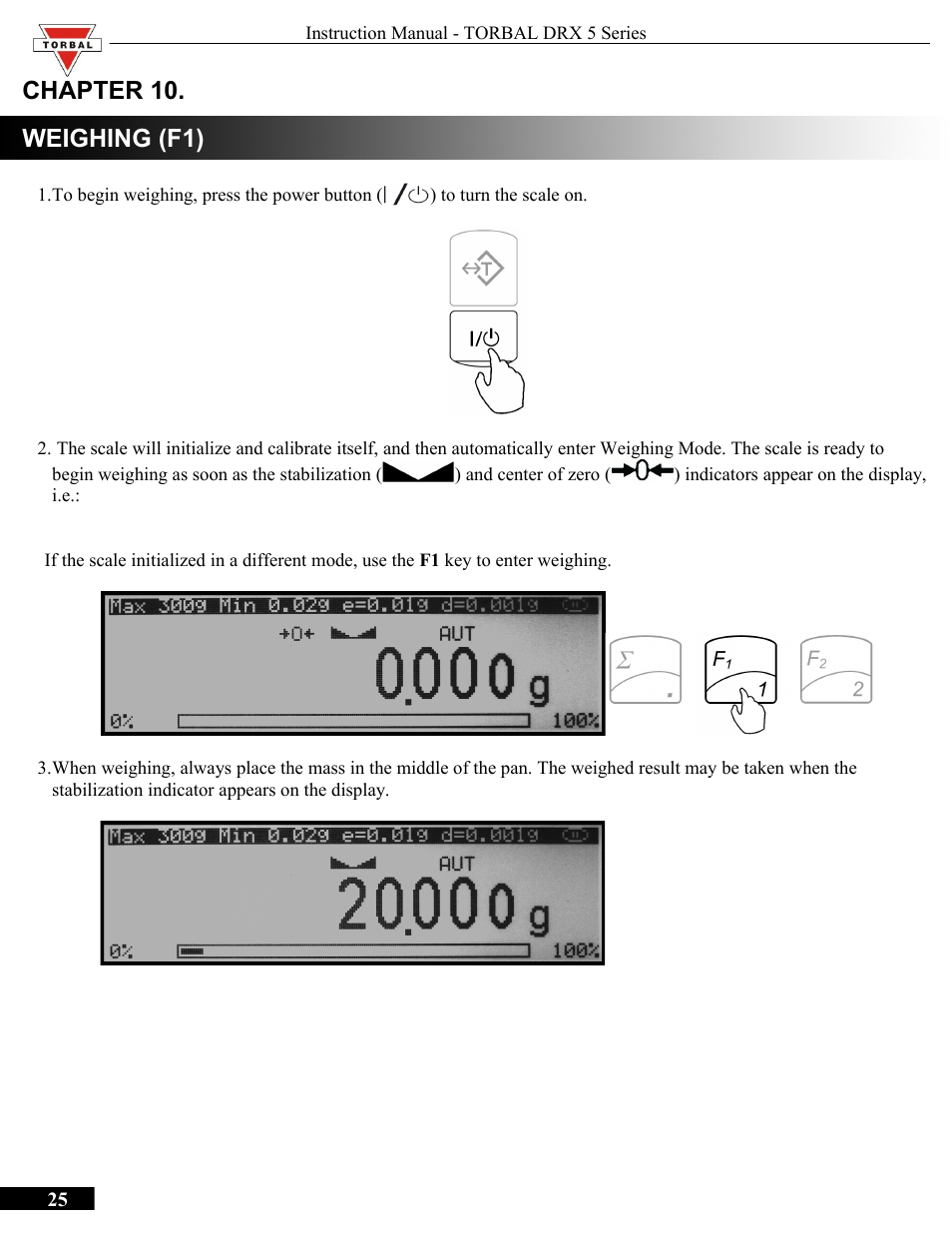 Chapter 10, Weighing (f1), Chapter 10.weighing (f1) | Chapter 10. weighing (f1) | Torbal DRX300 Manual User Manual | Page 25 / 50