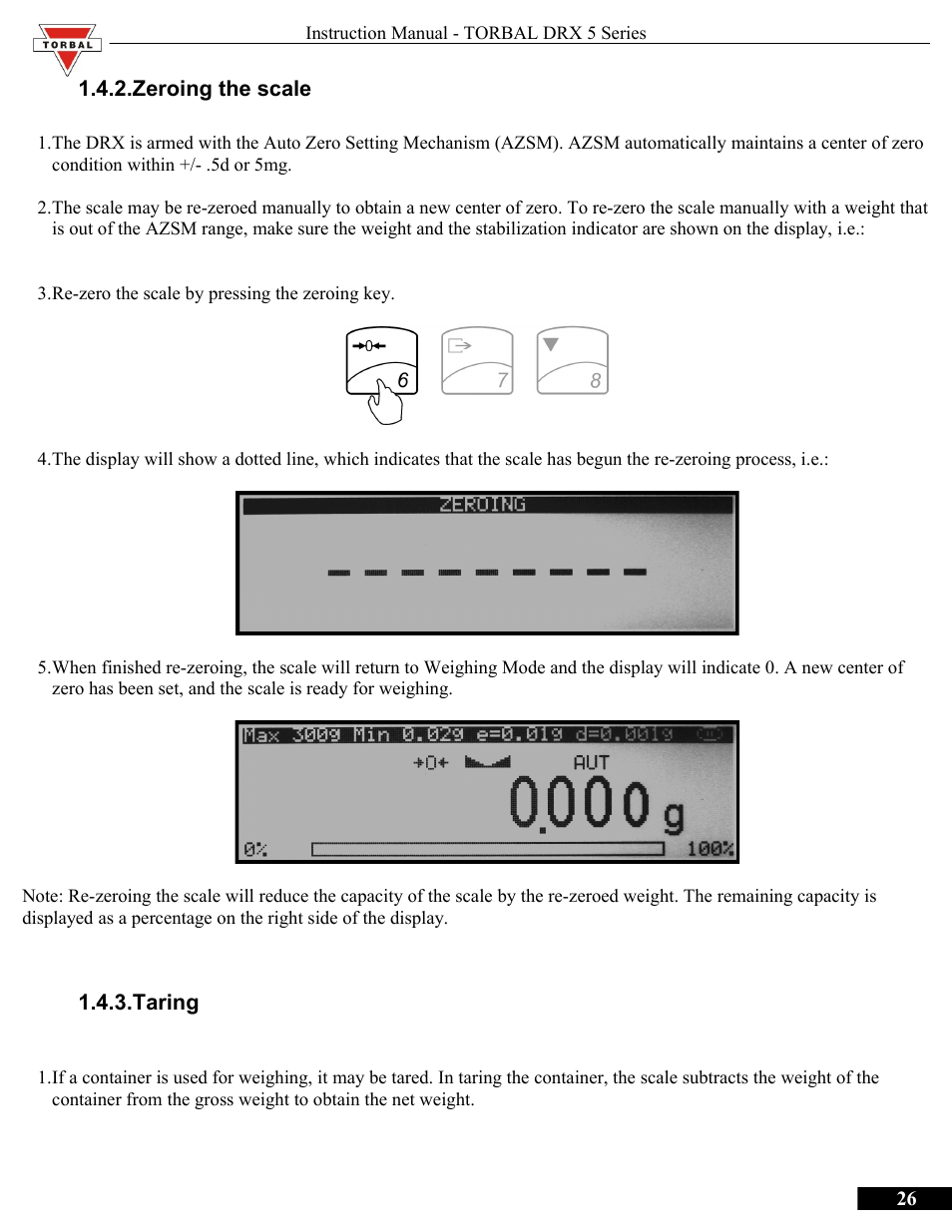 Zeroing the scale, Taring | Torbal DRX300 Manual User Manual | Page 26 / 50