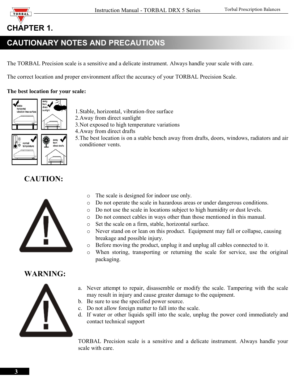 Chapter 1, Cautionary notes and precautions, Chapter 1.cautionary notes and precautions | Caution, Warning | Torbal DRX300 Manual User Manual | Page 3 / 50