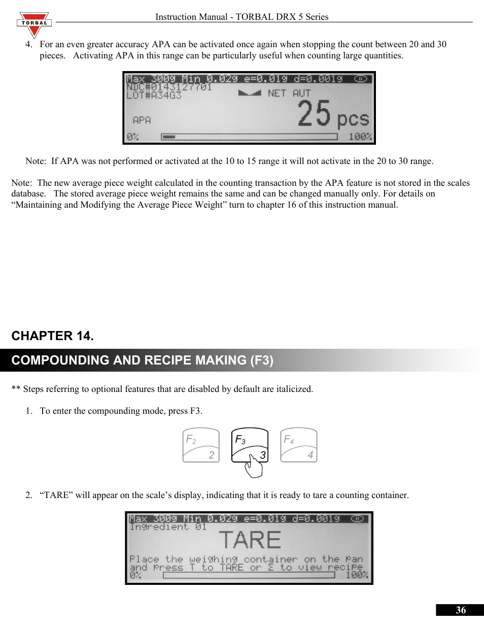 Chapter 14, Compounding and recipe making (f3), Chapter 14.compounding and recipe making (f3) | Chapter 14. compounding and recipe making (f3) | Torbal DRX300 Manual User Manual | Page 36 / 50