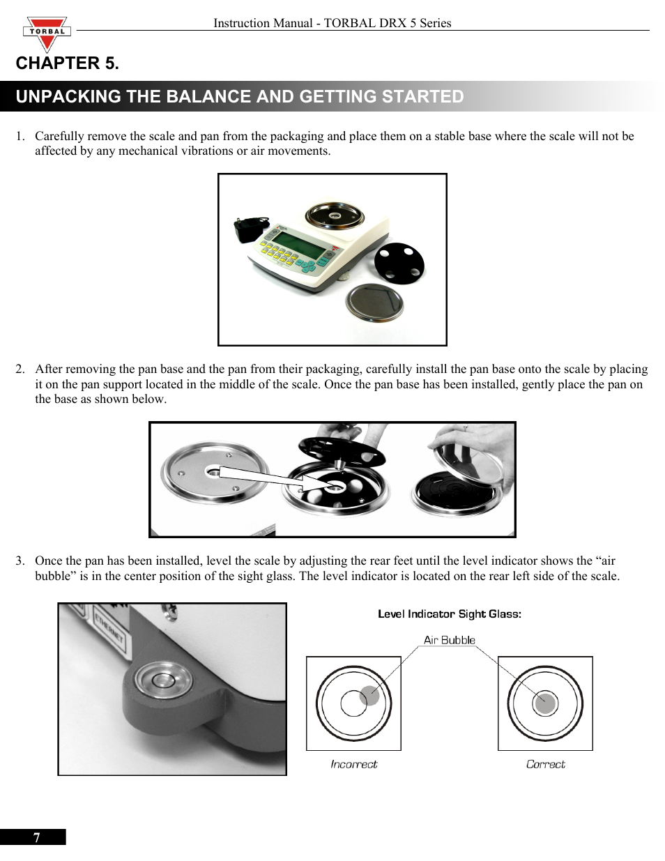 Chapter 5, Unpacking the balance and getting started | Torbal DRX300 Manual User Manual | Page 7 / 50