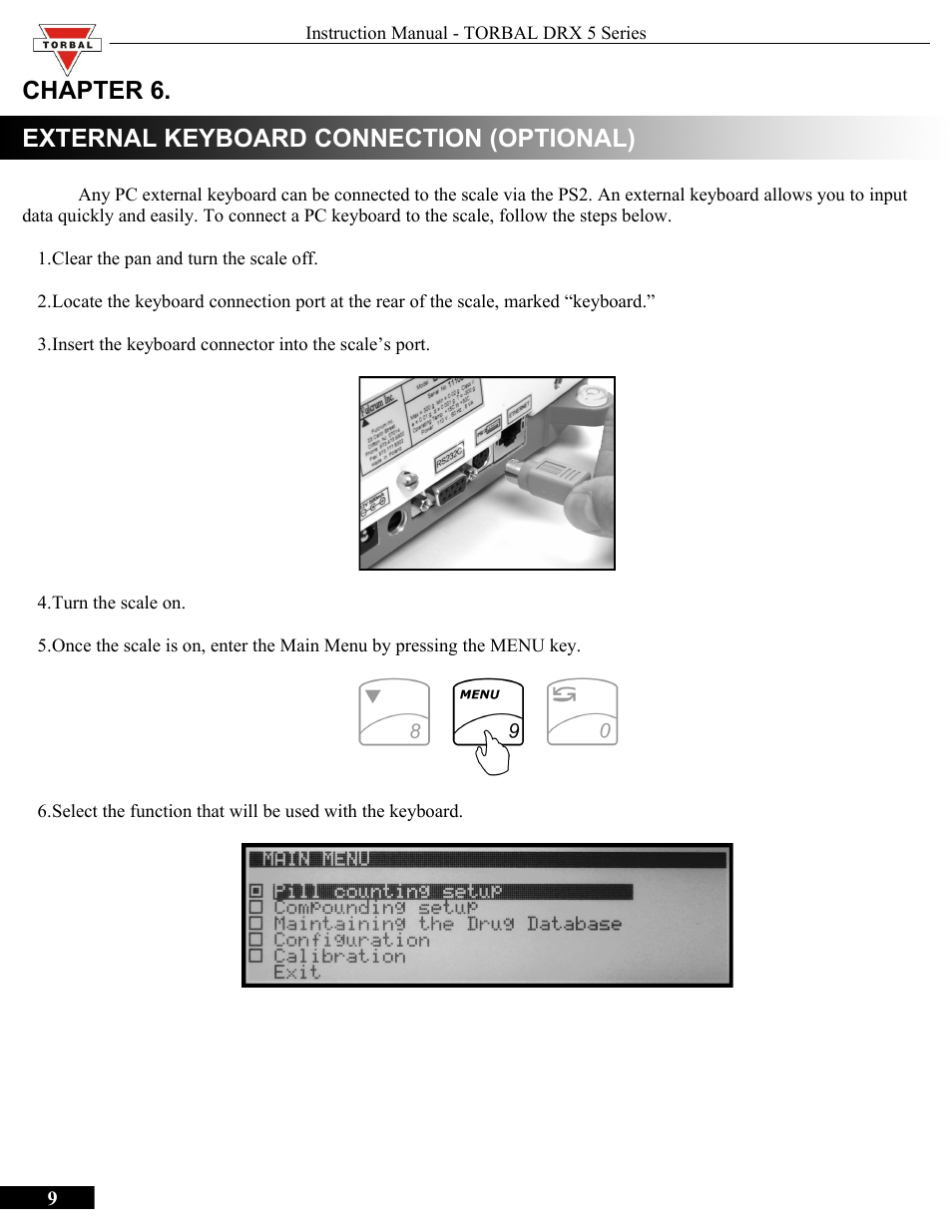 Chapter 6, External keyboard connection (optional), Chapter 6.external keyboard connection (optional) | Chapter 6. external keyboard connection (optional) | Torbal DRX300 Manual User Manual | Page 9 / 50