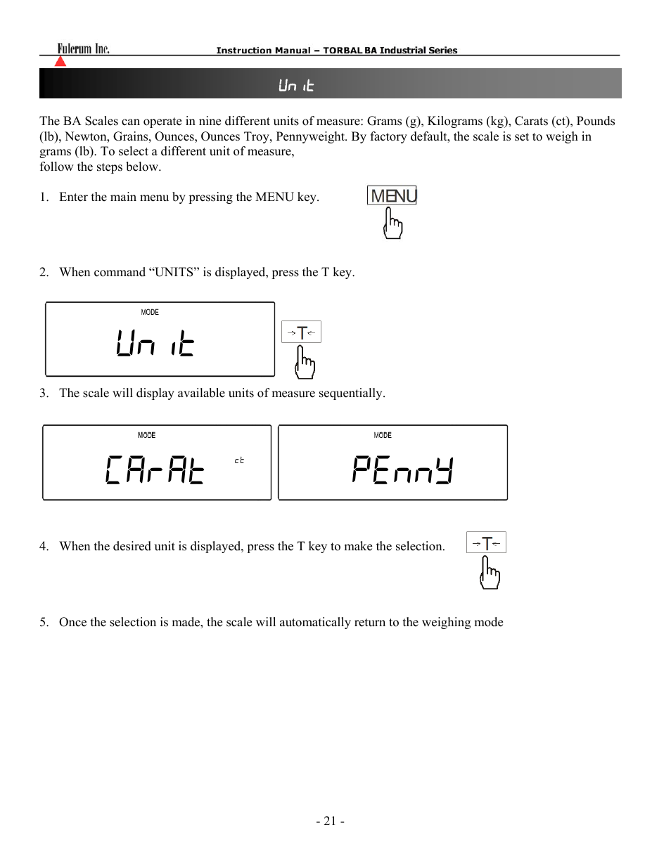 Unit carat penny | Torbal BA Bench Series User Manual | Page 21 / 57