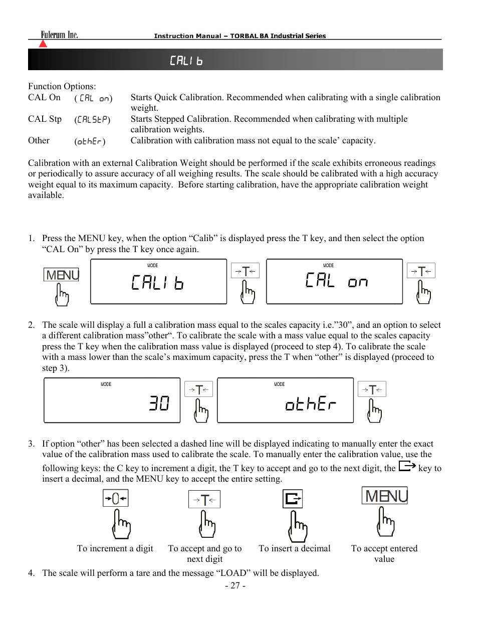 Calib cal on 30 other, Chapter 14: calibration ( calib ) | Torbal BA Bench Series User Manual | Page 27 / 57