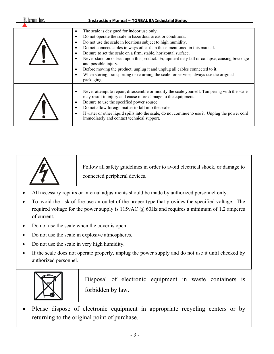 Caution, Warning, Important handling cautions and warnings | Torbal BA Bench Series User Manual | Page 3 / 57