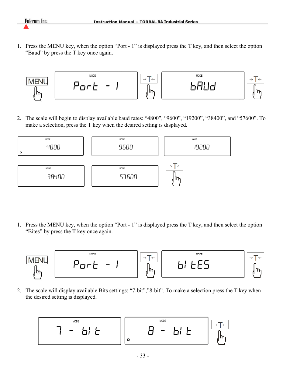 Port -1 baud, Port -1 bites 7 - bit 8 - bit | Torbal BA Bench Series User Manual | Page 33 / 57