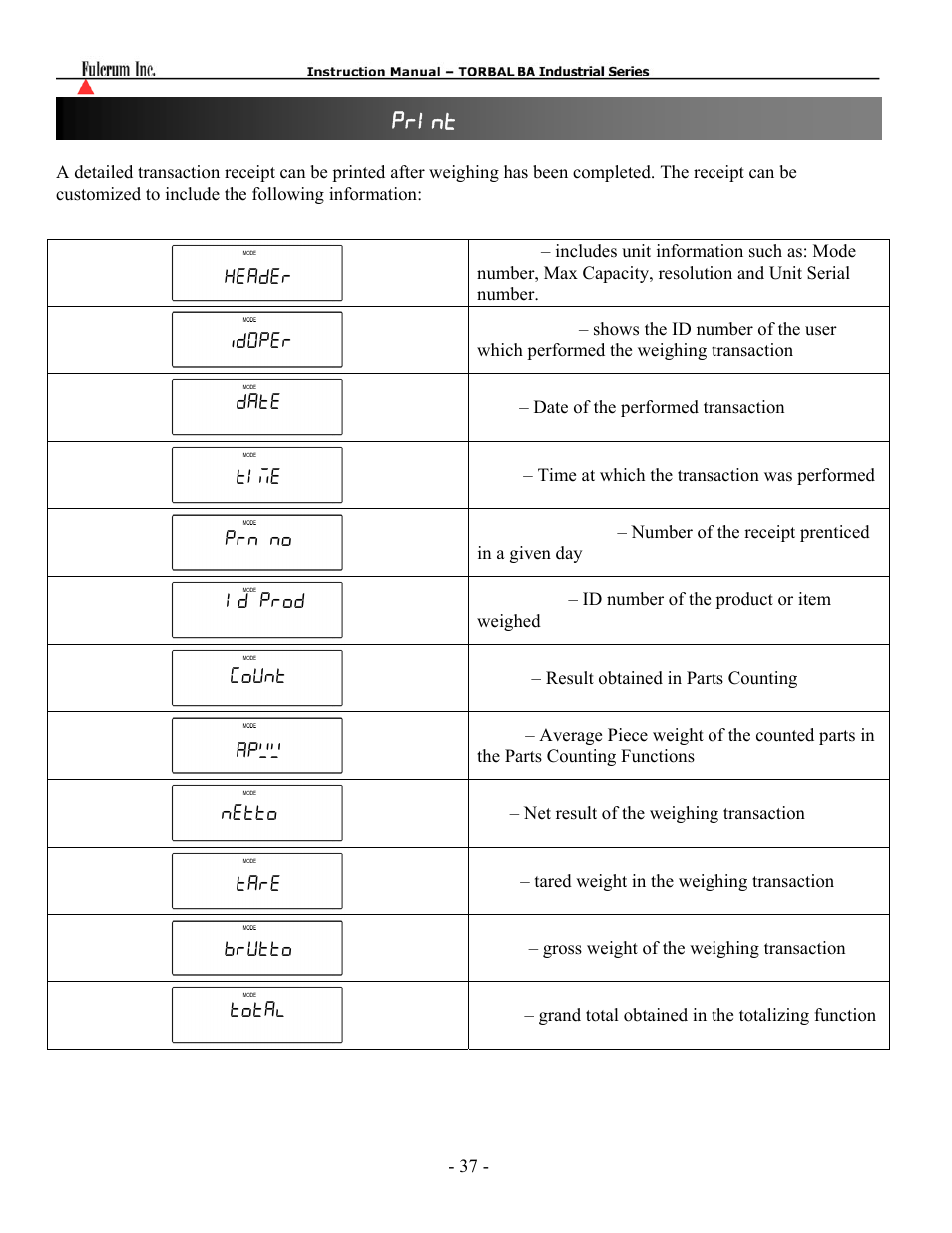 Chapter 17: receipt printout ( print ) | Torbal BA Bench Series User Manual | Page 37 / 57