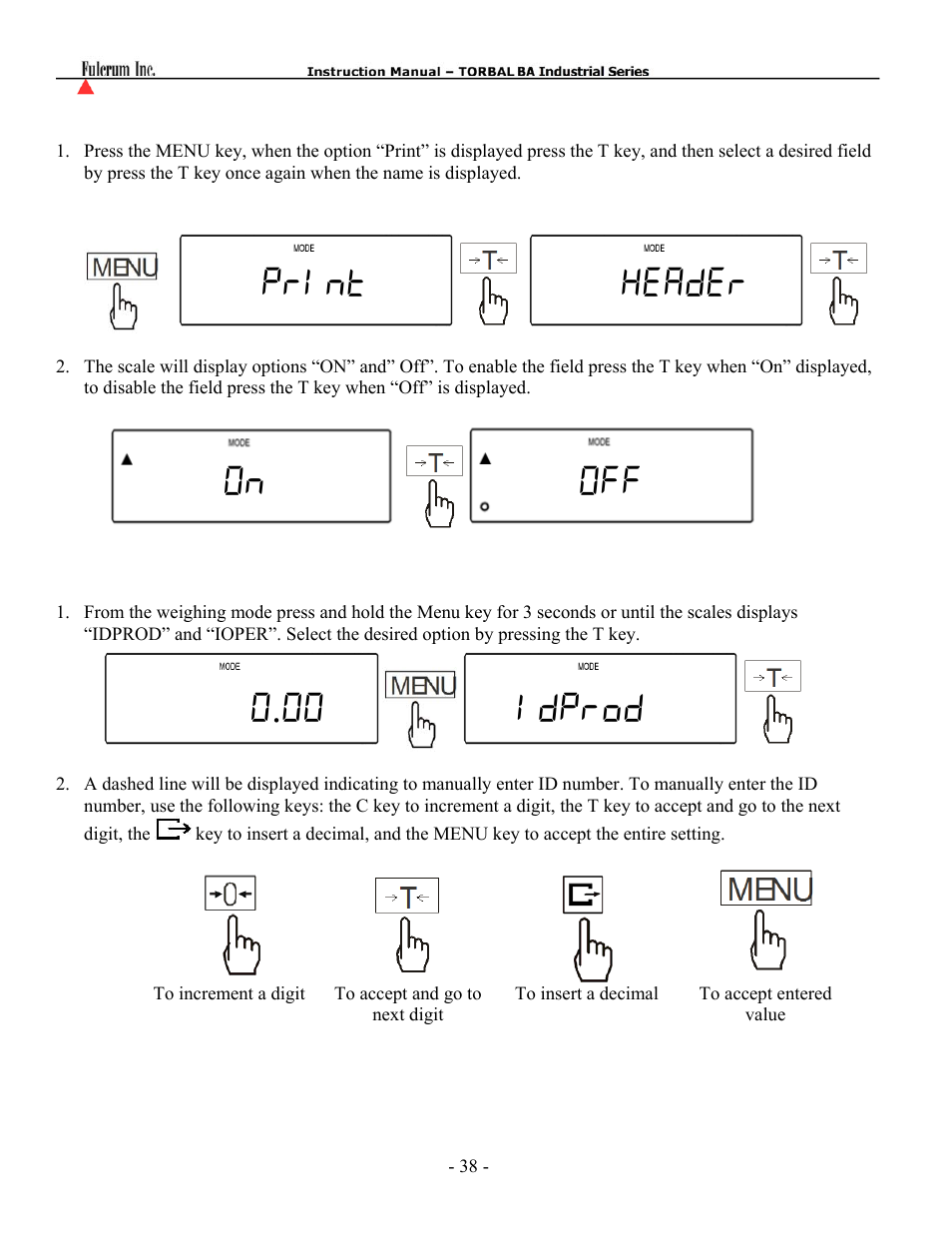 Print header on off 0.00 idprod | Torbal BA Bench Series User Manual | Page 38 / 57