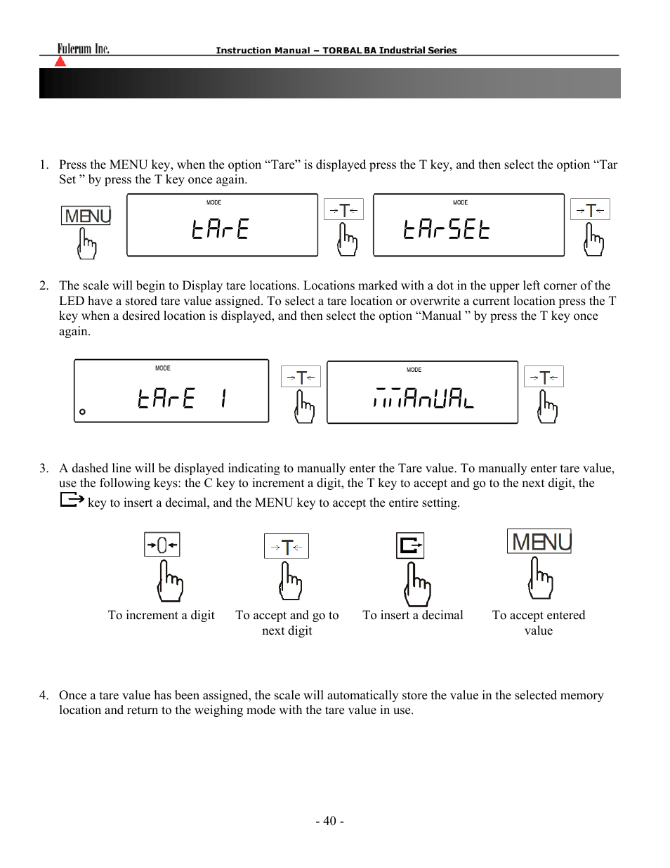 Tare tarset tare 1 mmanual, Chapter 19: storing tare values | Torbal BA Bench Series User Manual | Page 40 / 57