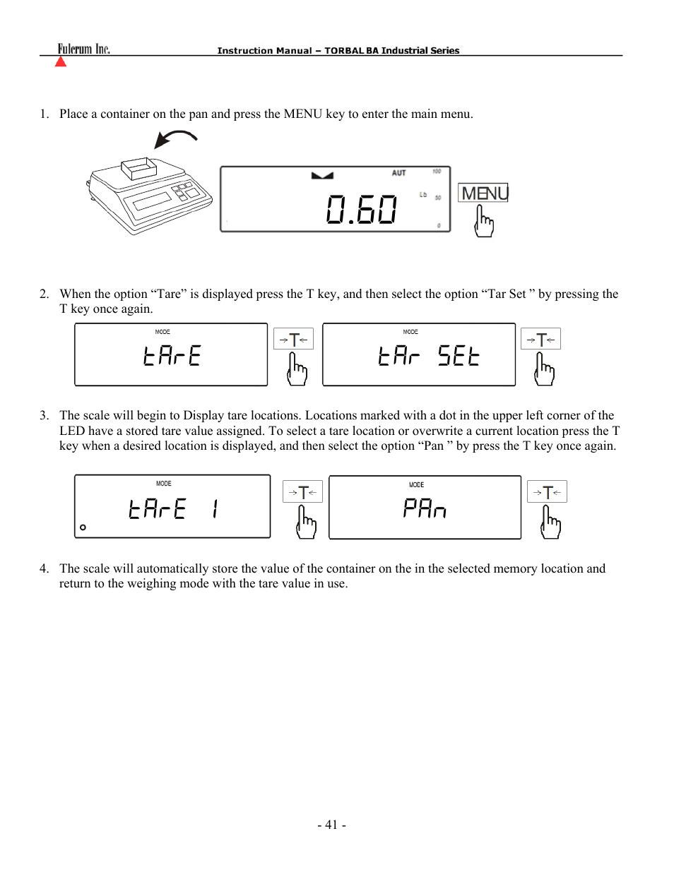 Tare tar set tare 1 pan | Torbal BA Bench Series User Manual | Page 41 / 57