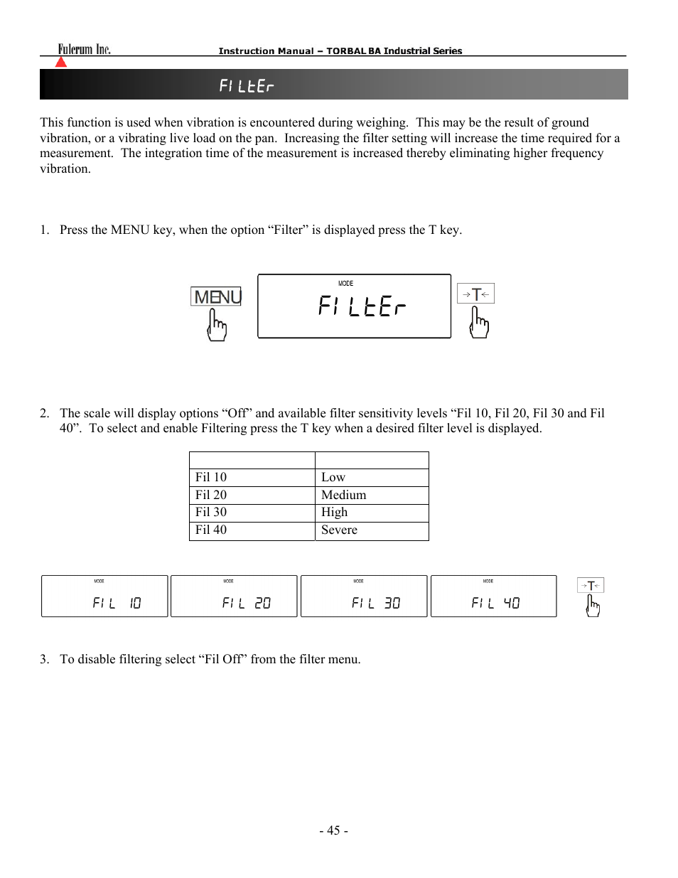 Filter, Chapter 22: filtering ( filter ) | Torbal BA Bench Series User Manual | Page 45 / 57