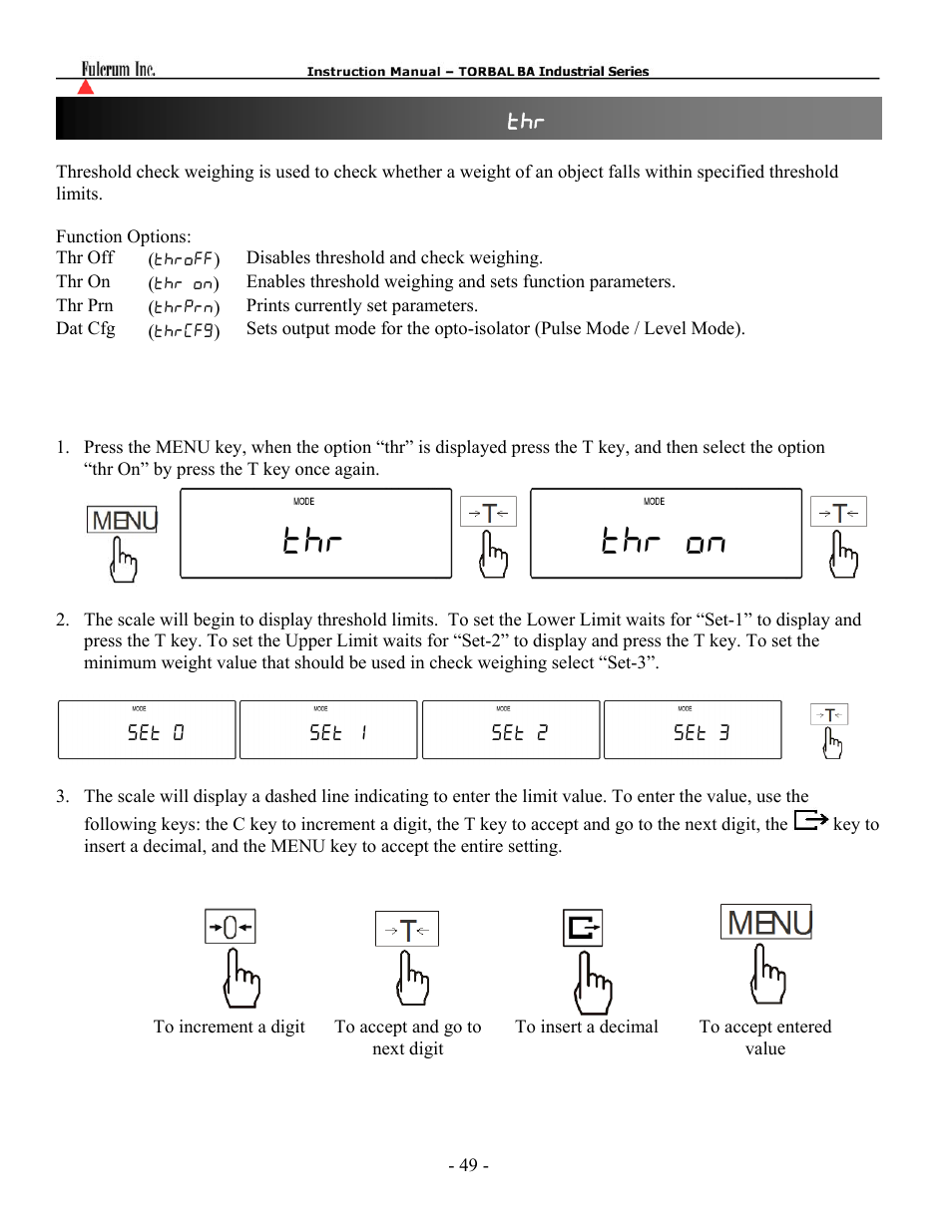 Thr thr on, Chapter 24: threshold check weighing ( thr ) | Torbal BA Bench Series User Manual | Page 49 / 57