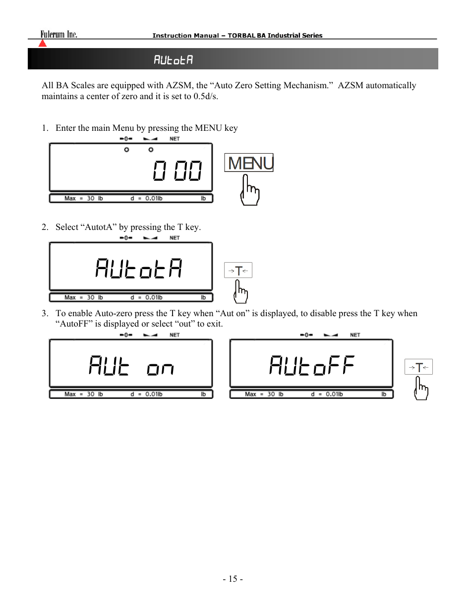 00 autota aut on autoff | Torbal BA Platform Series User Manual | Page 16 / 59