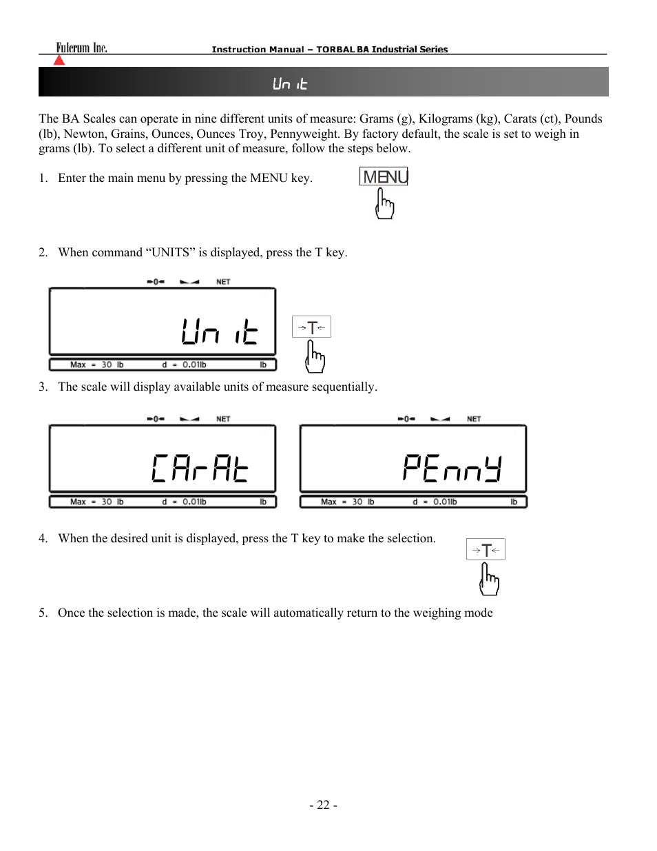 Unit carat penny | Torbal BA Platform Series User Manual | Page 23 / 59