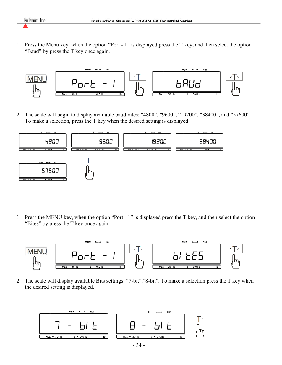 Port -1 baud, Port -1 bites 7 - bit 8 - bit | Torbal BA Platform Series User Manual | Page 35 / 59