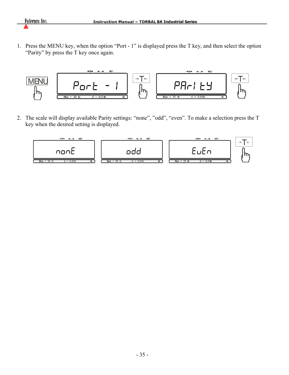 Port -1 parity, None odd even | Torbal BA Platform Series User Manual | Page 36 / 59