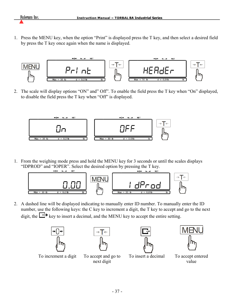 Print header on off 0.00 idprod | Torbal BA Platform Series User Manual | Page 38 / 59