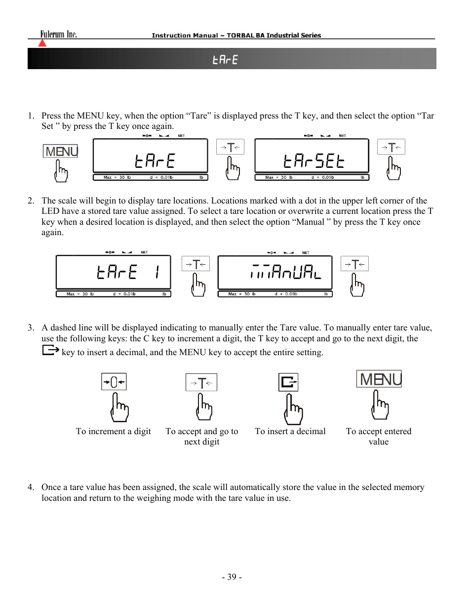 Tare tarset tare 1 mmanual, Chapter 18: storing tare values ( tare ) | Torbal BA Platform Series User Manual | Page 40 / 59