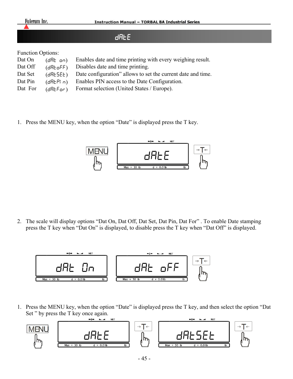 Date dat on dat off date datset | Torbal BA Platform Series User Manual | Page 46 / 59