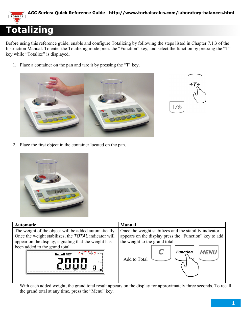 Torbal AGC Series Parts Counting User Manual | 2 pages