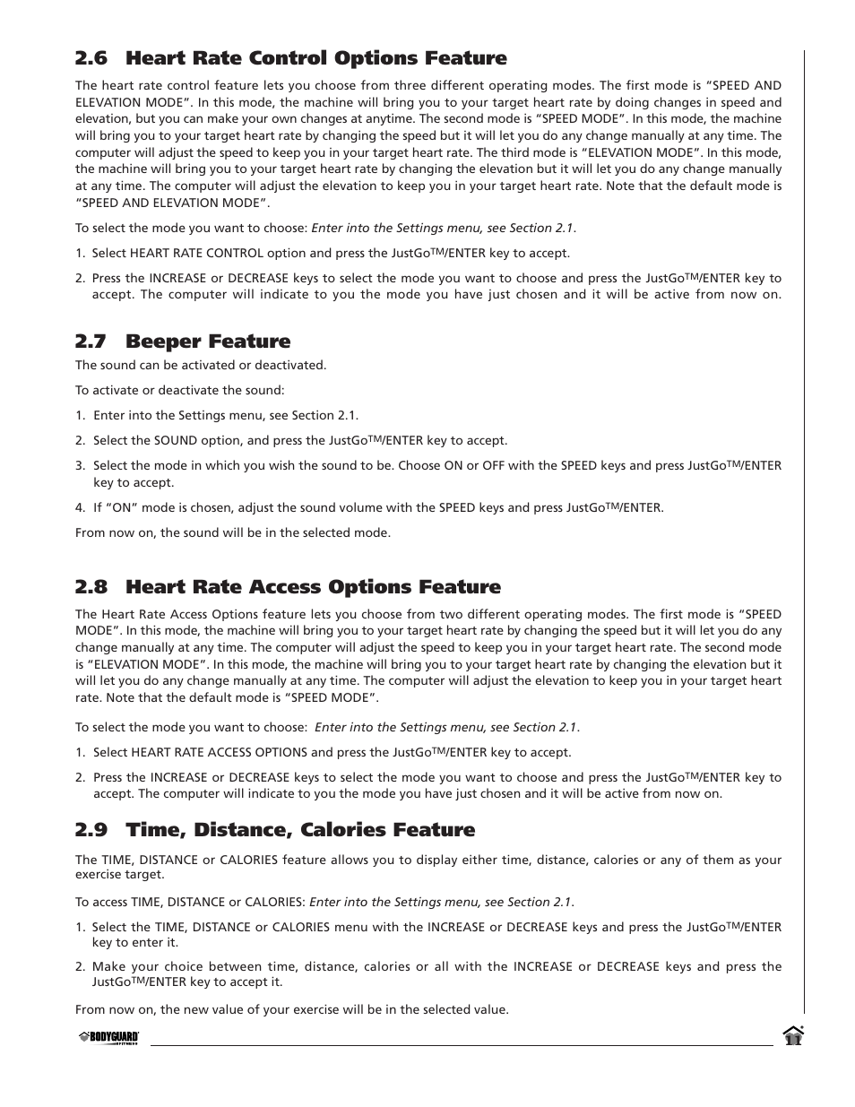 6 heart rate control options feature, 7 beeper feature, 8 heart rate access options feature | 9 time, distance, calories feature | Bodyguard T700 User Manual | Page 11 / 36