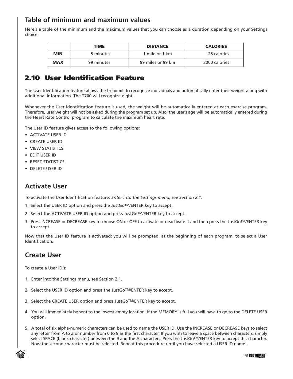 Table of minimum and maximum values, 10 user identification feature, Activate user | Create user | Bodyguard T700 User Manual | Page 12 / 36