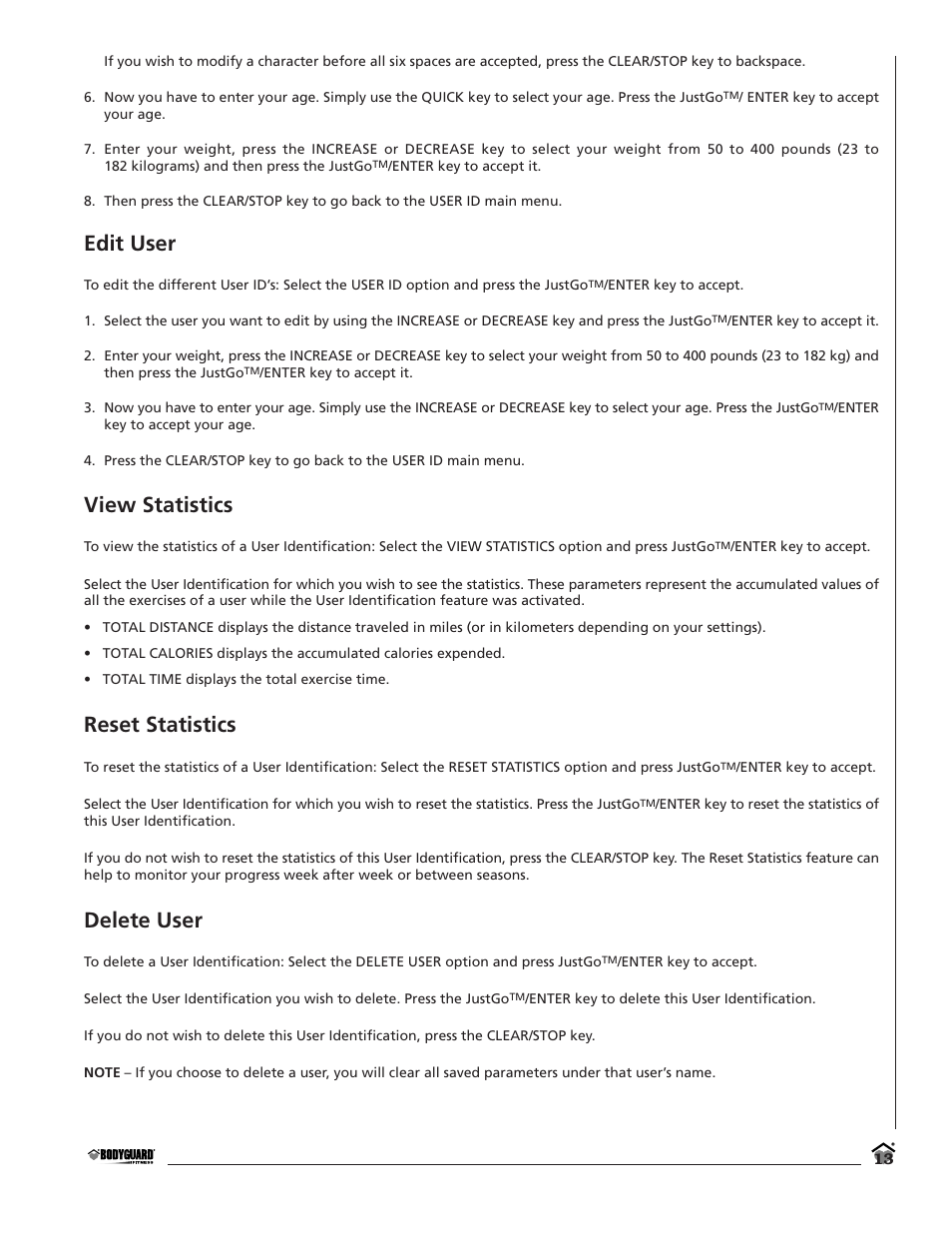 Edit user, View statistics, Reset statistics | Delete user | Bodyguard T700 User Manual | Page 13 / 36