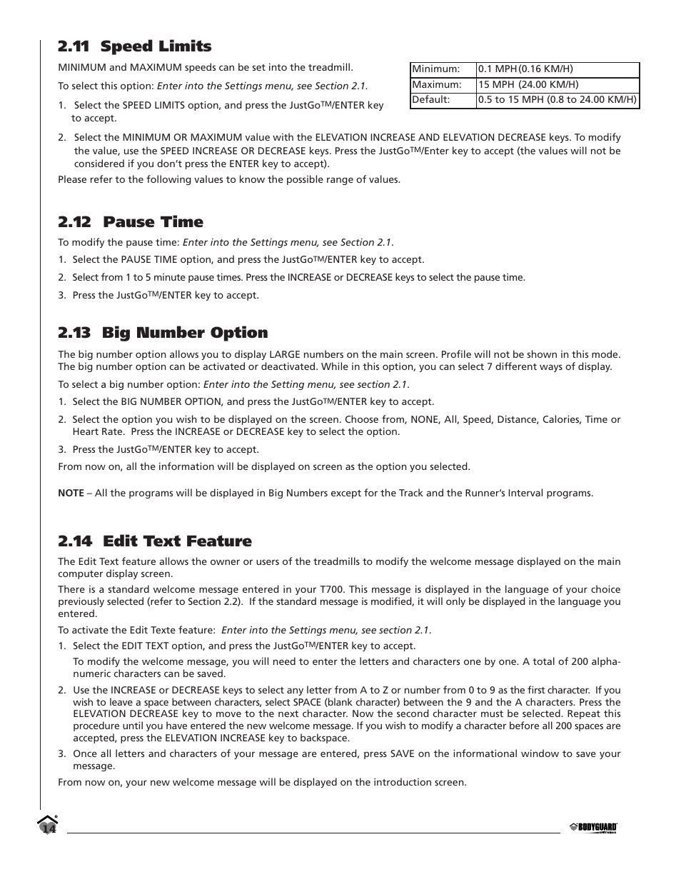 11 speed limits, 12 pause time, 13 big number option | 14 edit text feature | Bodyguard T700 User Manual | Page 14 / 36