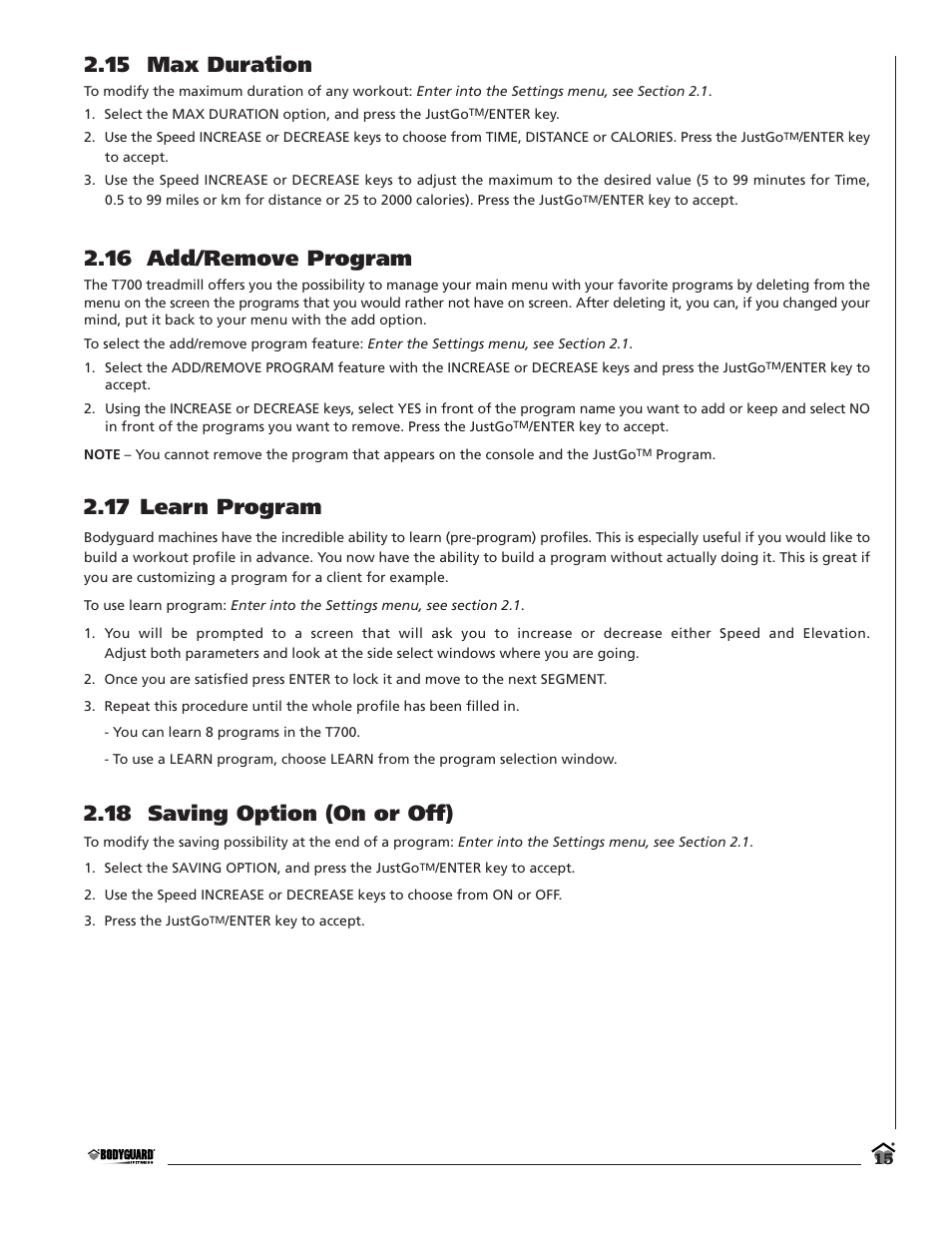 15 max duration, 16 add/remove program, 17 learn program | 18 saving option (on or off) | Bodyguard T700 User Manual | Page 15 / 36