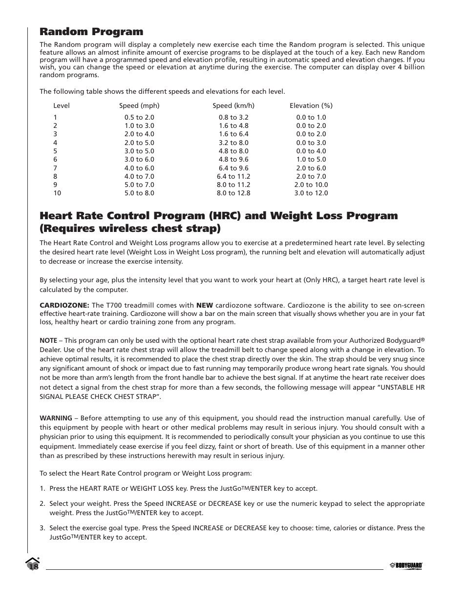 Random program | Bodyguard T700 User Manual | Page 18 / 36