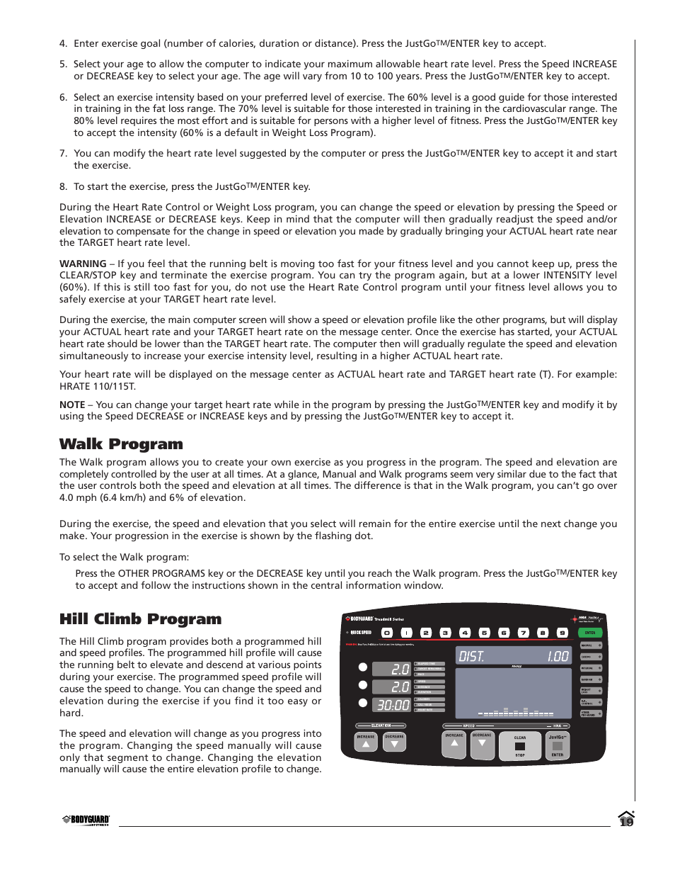 Walk program, Hill climb program | Bodyguard T700 User Manual | Page 19 / 36