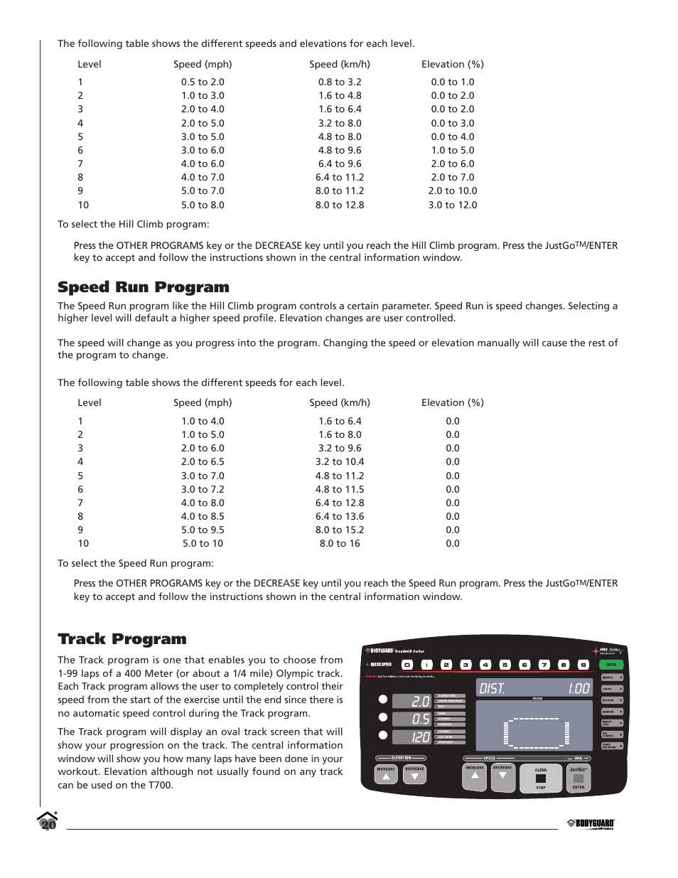 Speed run program, Track program | Bodyguard T700 User Manual | Page 20 / 36