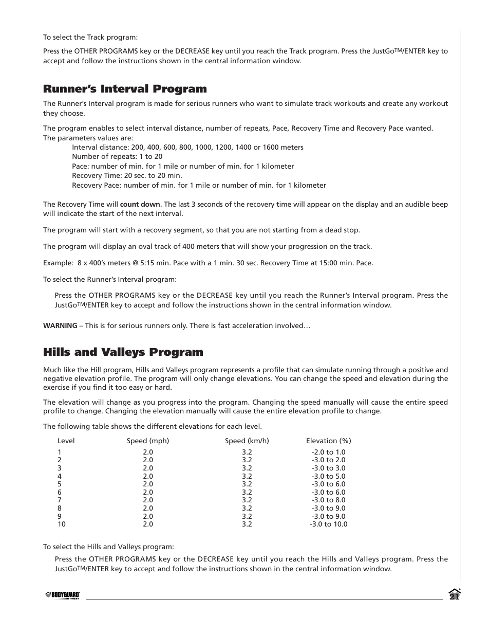 Runner’s interval program, Hills and valleys program | Bodyguard T700 User Manual | Page 21 / 36