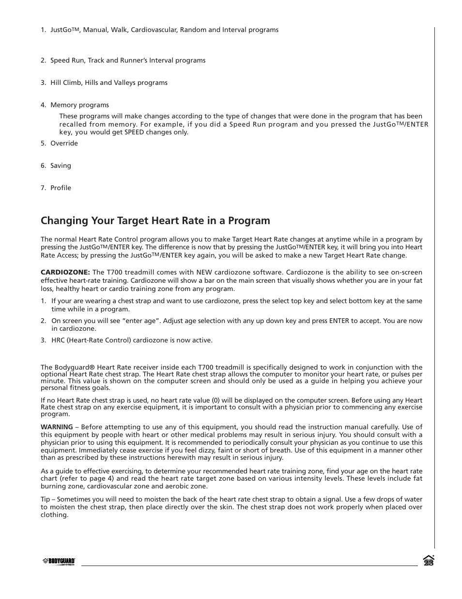Changing your target heart rate in a program | Bodyguard T700 User Manual | Page 23 / 36