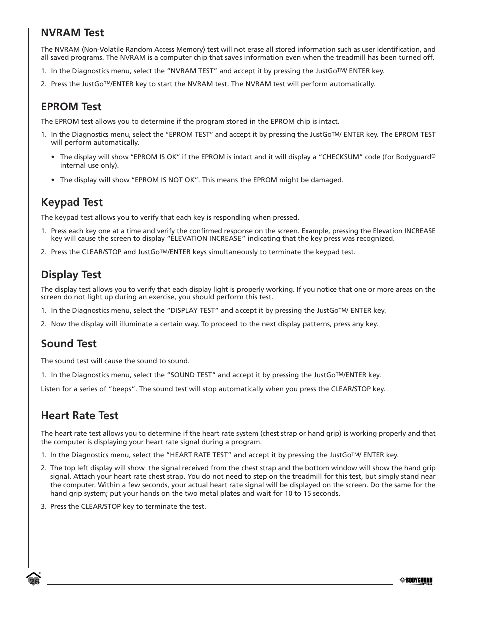 Nvram test, Eprom test, Keypad test | Display test, Sound test, Heart rate test | Bodyguard T700 User Manual | Page 26 / 36