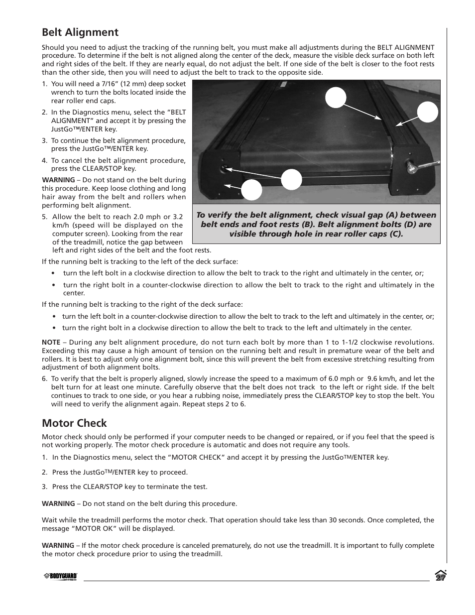 Belt alignment, Motor check, Db c a | Bodyguard T700 User Manual | Page 27 / 36
