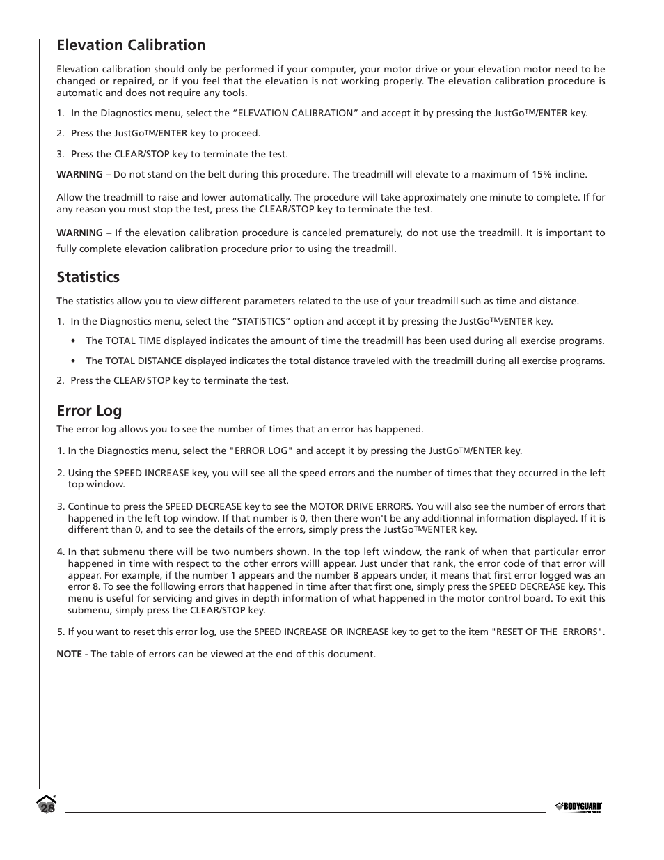 Elevation calibration, Statistics, Error log | Bodyguard T700 User Manual | Page 28 / 36