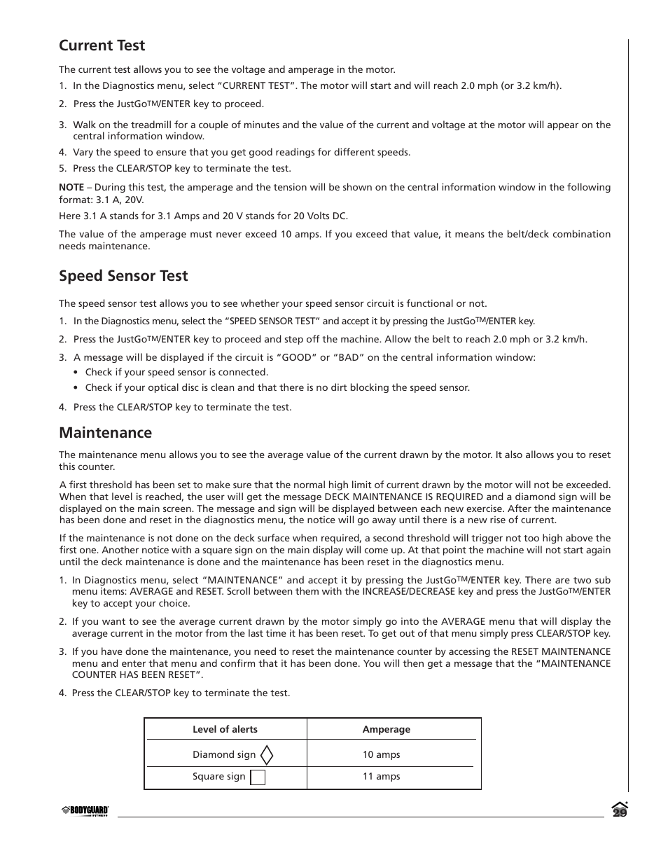 Current test, Speed sensor test, Maintenance | Bodyguard T700 User Manual | Page 29 / 36