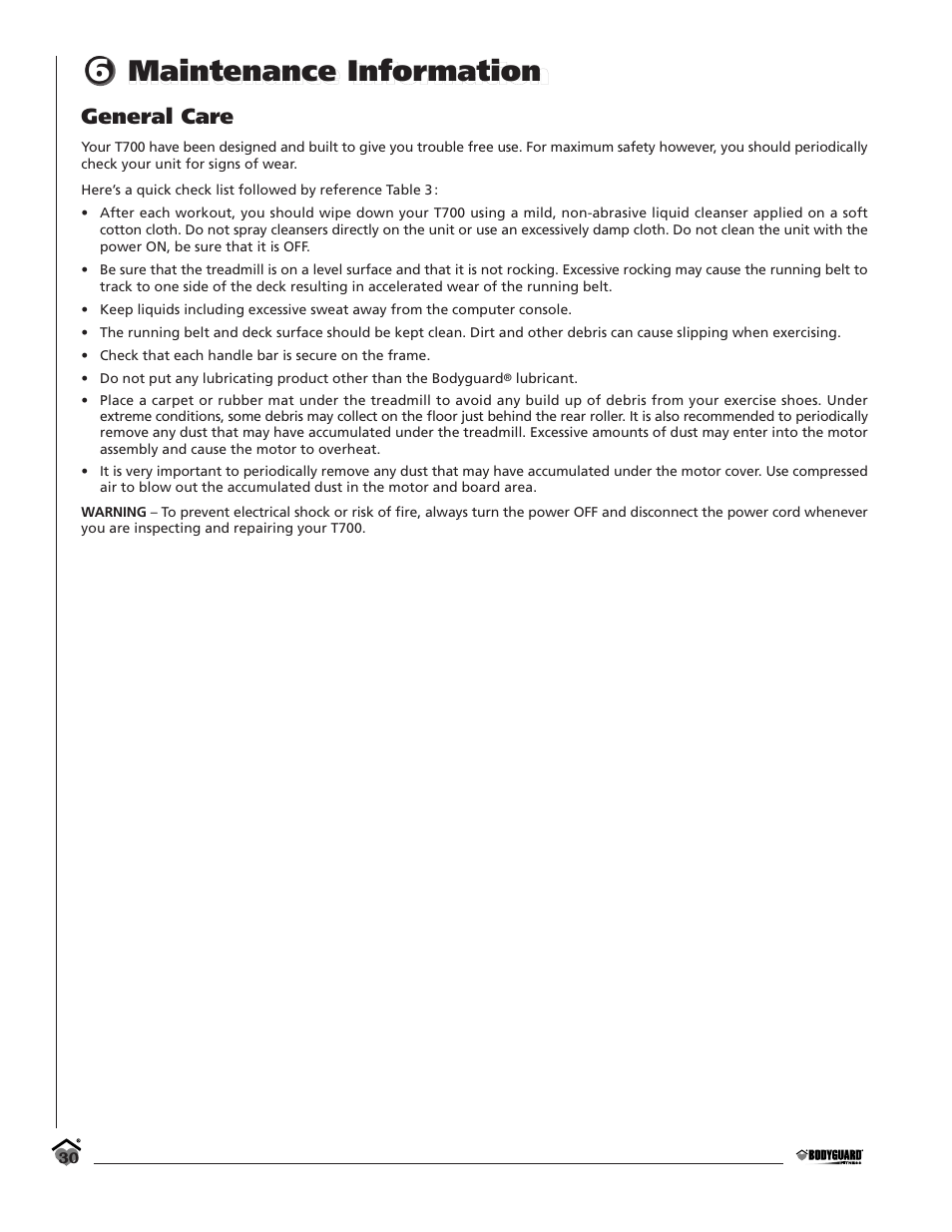 Maintenance information | Bodyguard T700 User Manual | Page 30 / 36